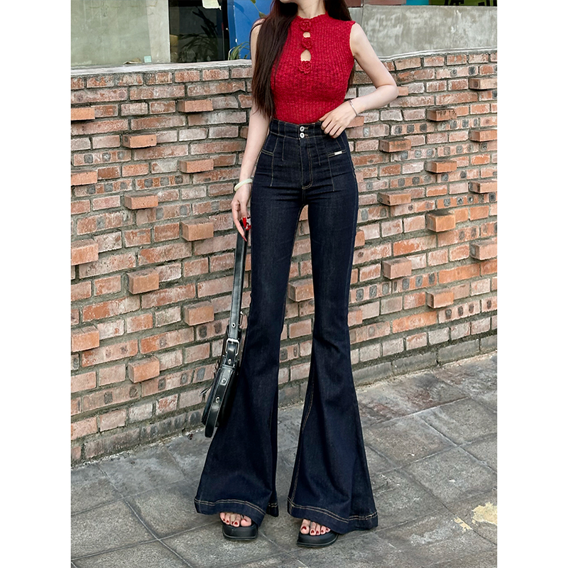 设计感丹宁蓝微喇牛仔裤女2025年秋季新款高腰弹力鱼尾喇叭长裤