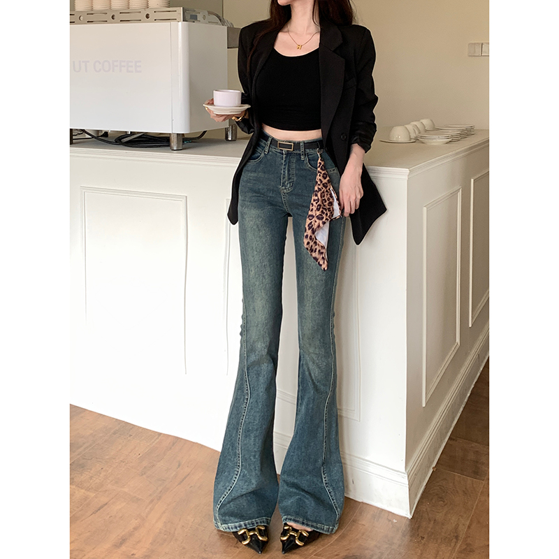 小众别致豹纹丝巾腰带微喇牛仔裤女2025冬季新款高腰弹力显瘦长裤