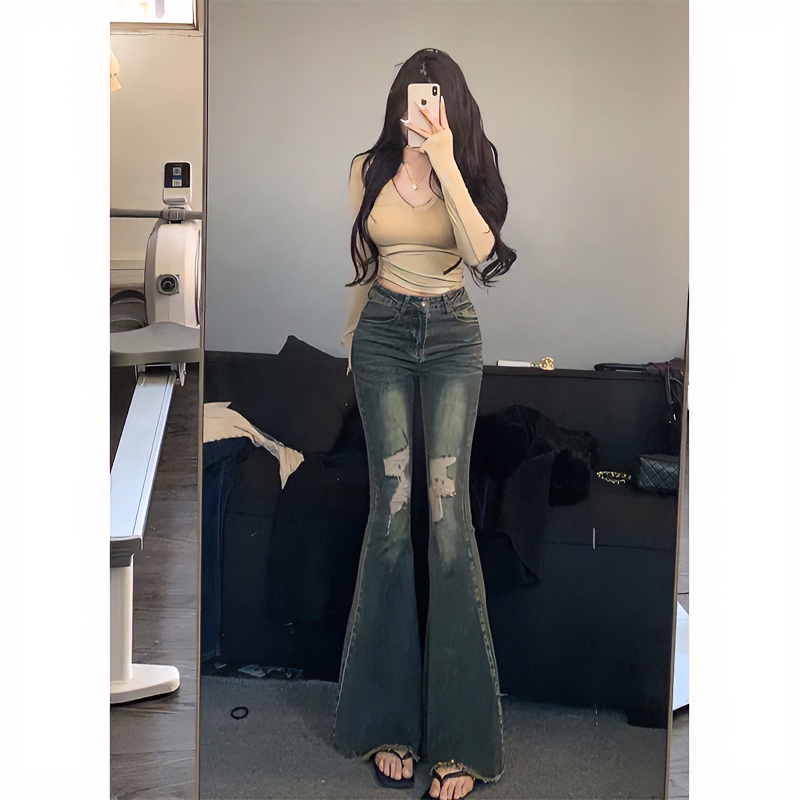 复古毛边破洞微喇牛仔裤女2025秋季新款高腰显瘦显高鱼尾喇叭裤