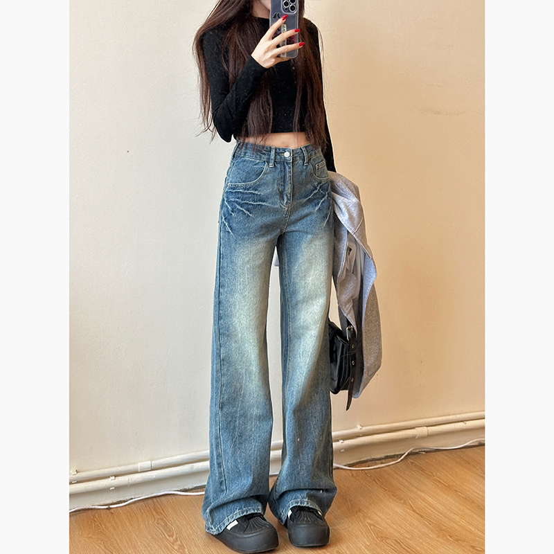 蓝色水洗阔腿牛仔裤女2025年冬季新款设计感裂纹高腰宽松慵懒长裤