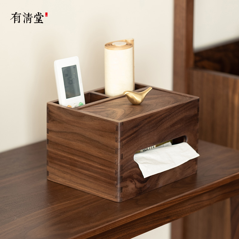 有清堂新中式北美黑胡桃木纸巾盒复古铜鸟创意木质家用客厅收纳盒
