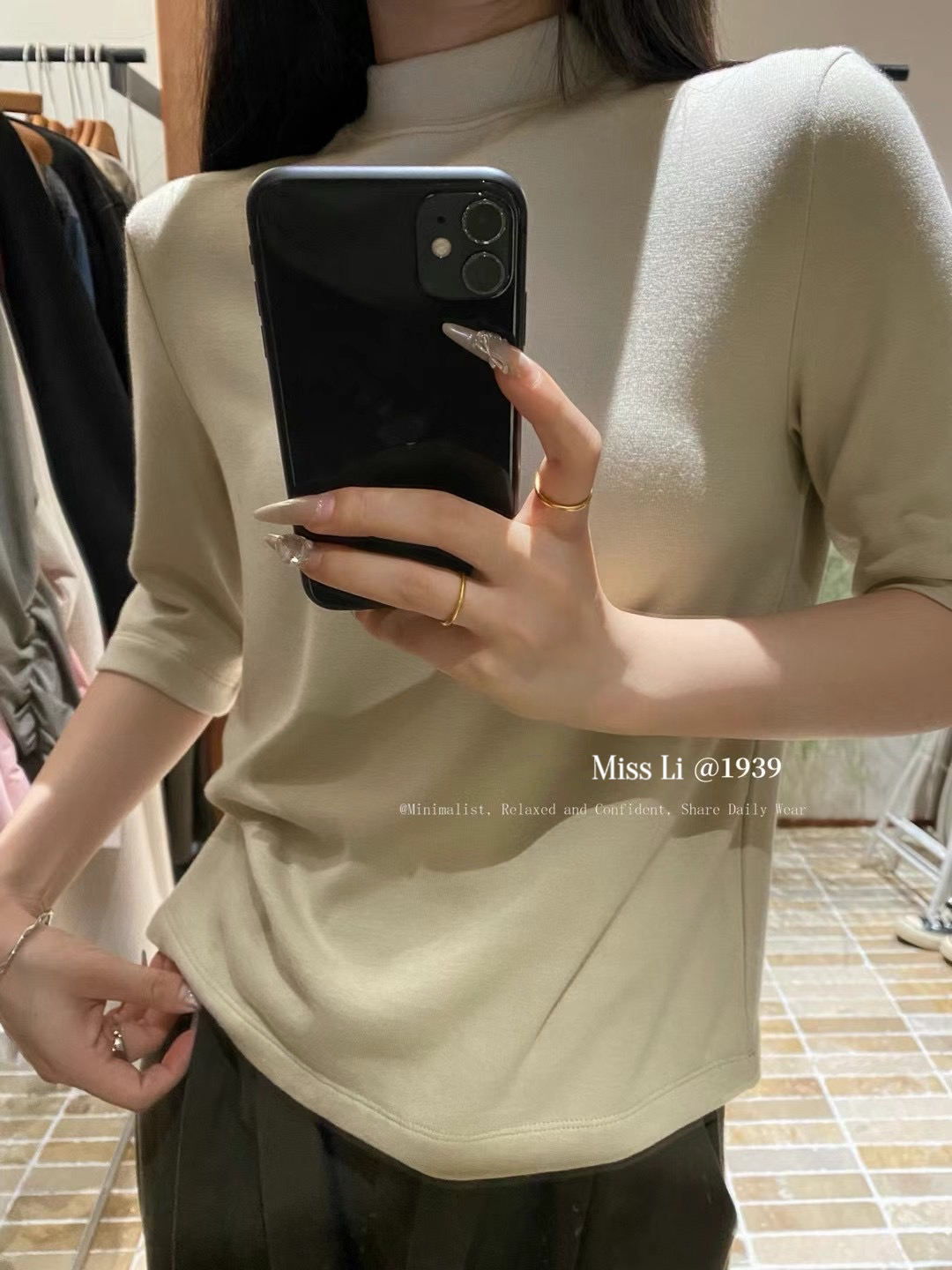 【Miss Li】中袖中领弹力磨毛T恤