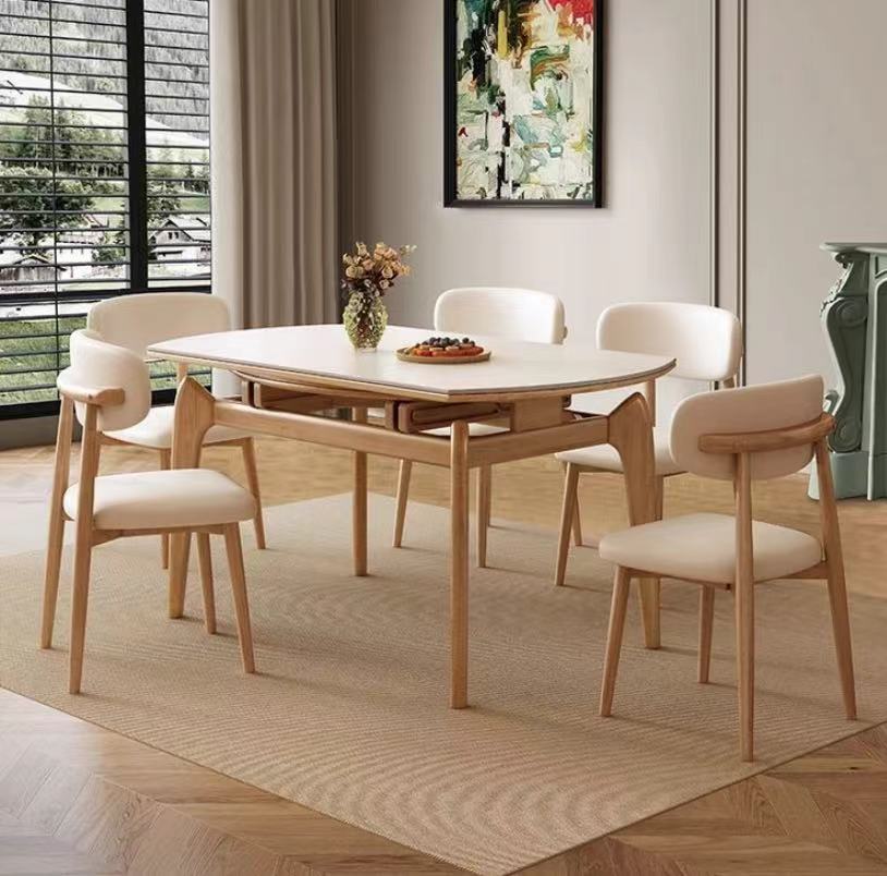 【原木风】高端原木色中古风实木轨道岩板餐桌方圆两用餐桌吃饭桌子