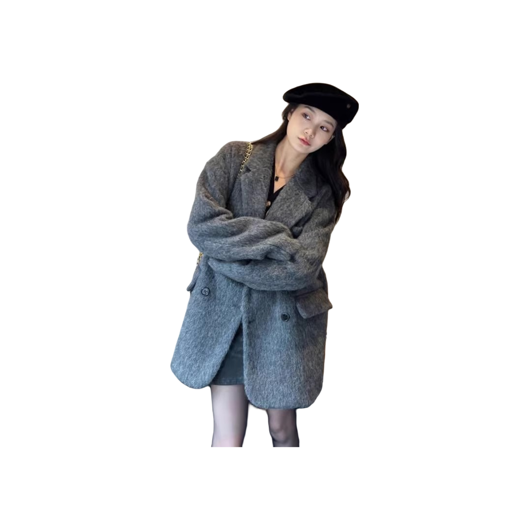 灰色垫肩西装毛呢外套女秋冬季加厚设计感小众呢子大衣潮休闲气质