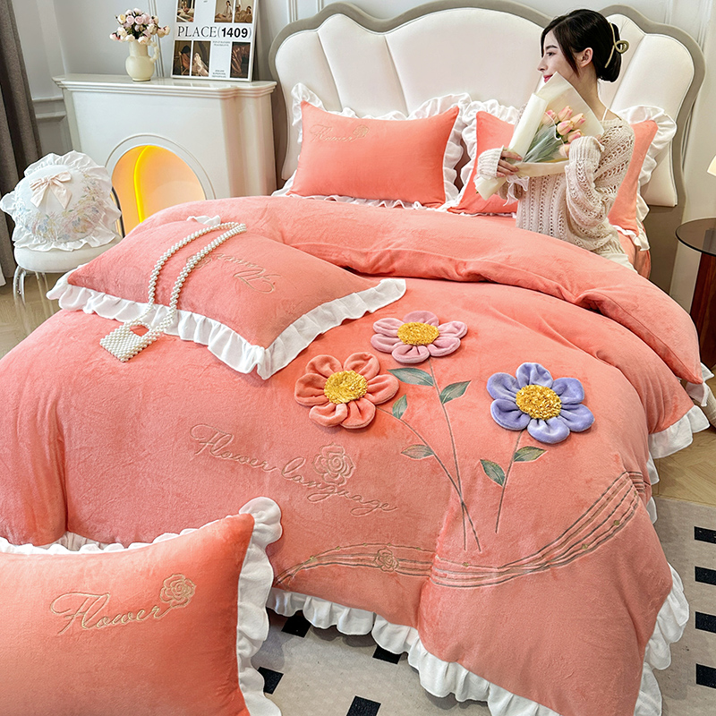 【锦上添花】高克重加绒加厚牛奶绒四件套三朵花立体盘花刺绣四件套