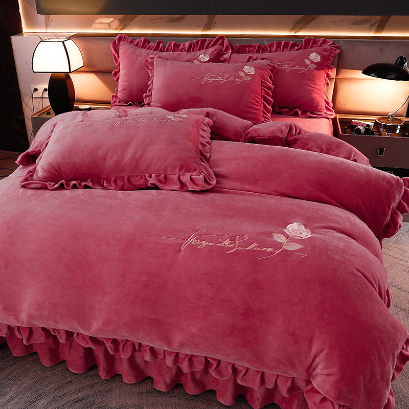 【玫瑰】高克重加厚牛奶绒四件套纯色刺绣荷叶边韩版双面绒床上用品