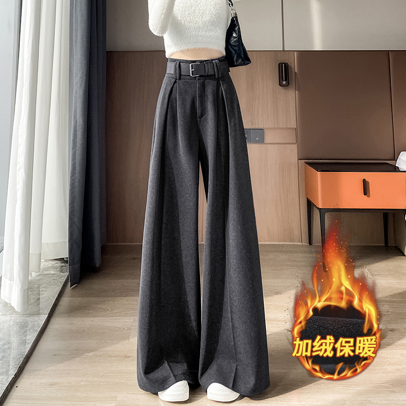垂感山本裤加绒加厚毛呢阔腿裤秋冬显瘦拖地裤直筒宽松西装休闲裤