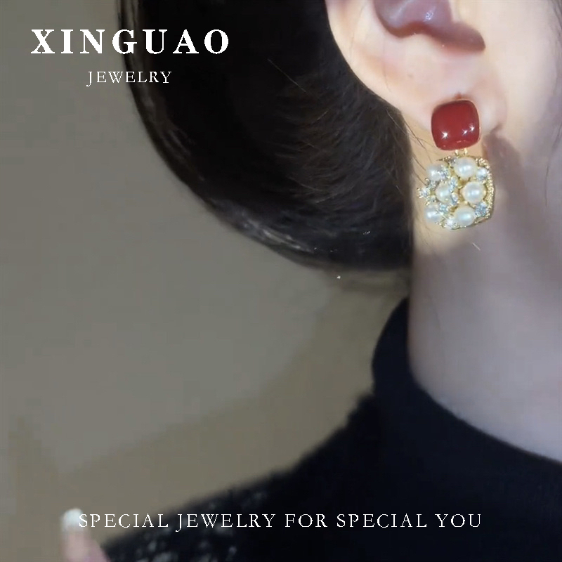 铜合金耳饰 （孤品清伧）轻奢气质高级感方形酒红色耳钉154