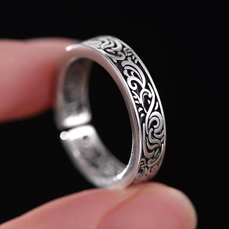 925银戒指 里外暗刻唐草戒指 C4618 复古重工潮流