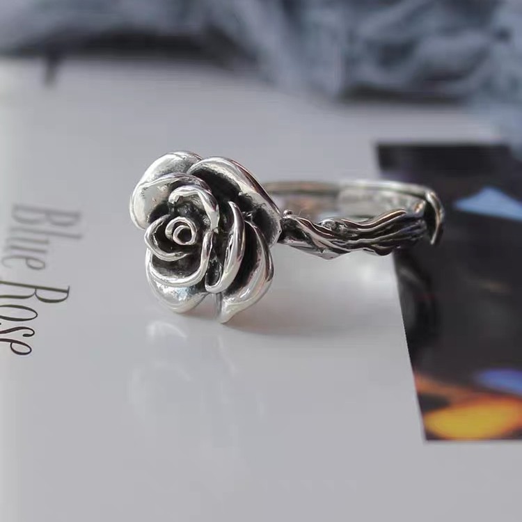 925银戒指 立体多层山茶花开口戒指 C4615  时尚个性轻奢