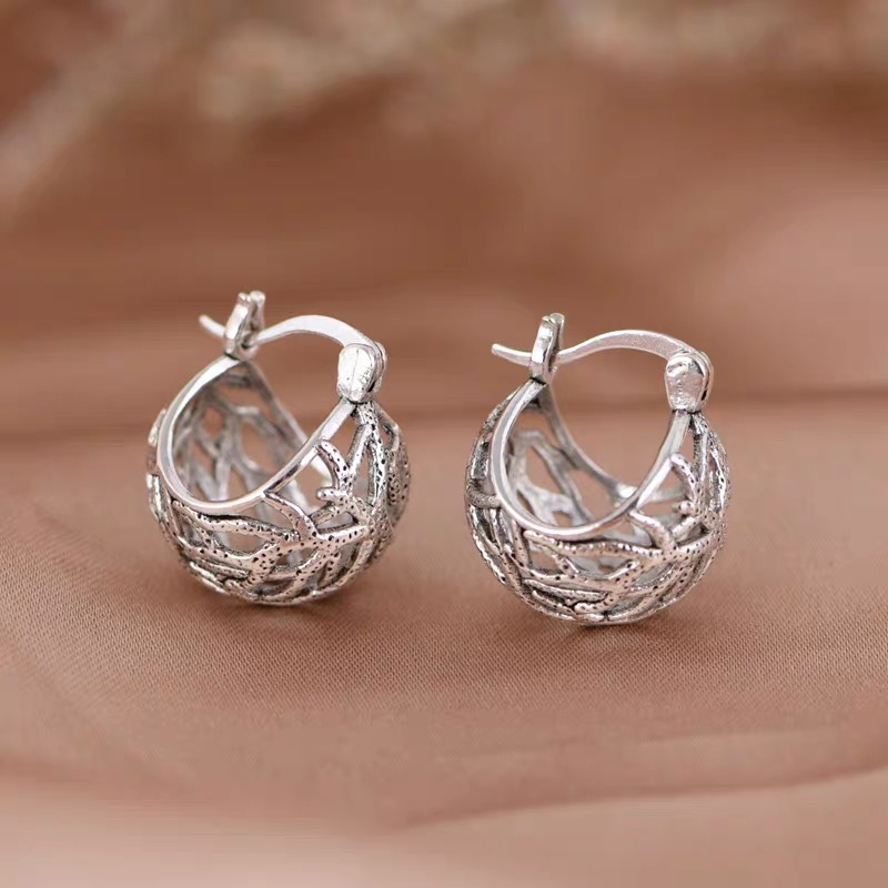 925银耳饰 缠枝莲镂空鸟巢半圆耳扣 C8502 国潮风气质款