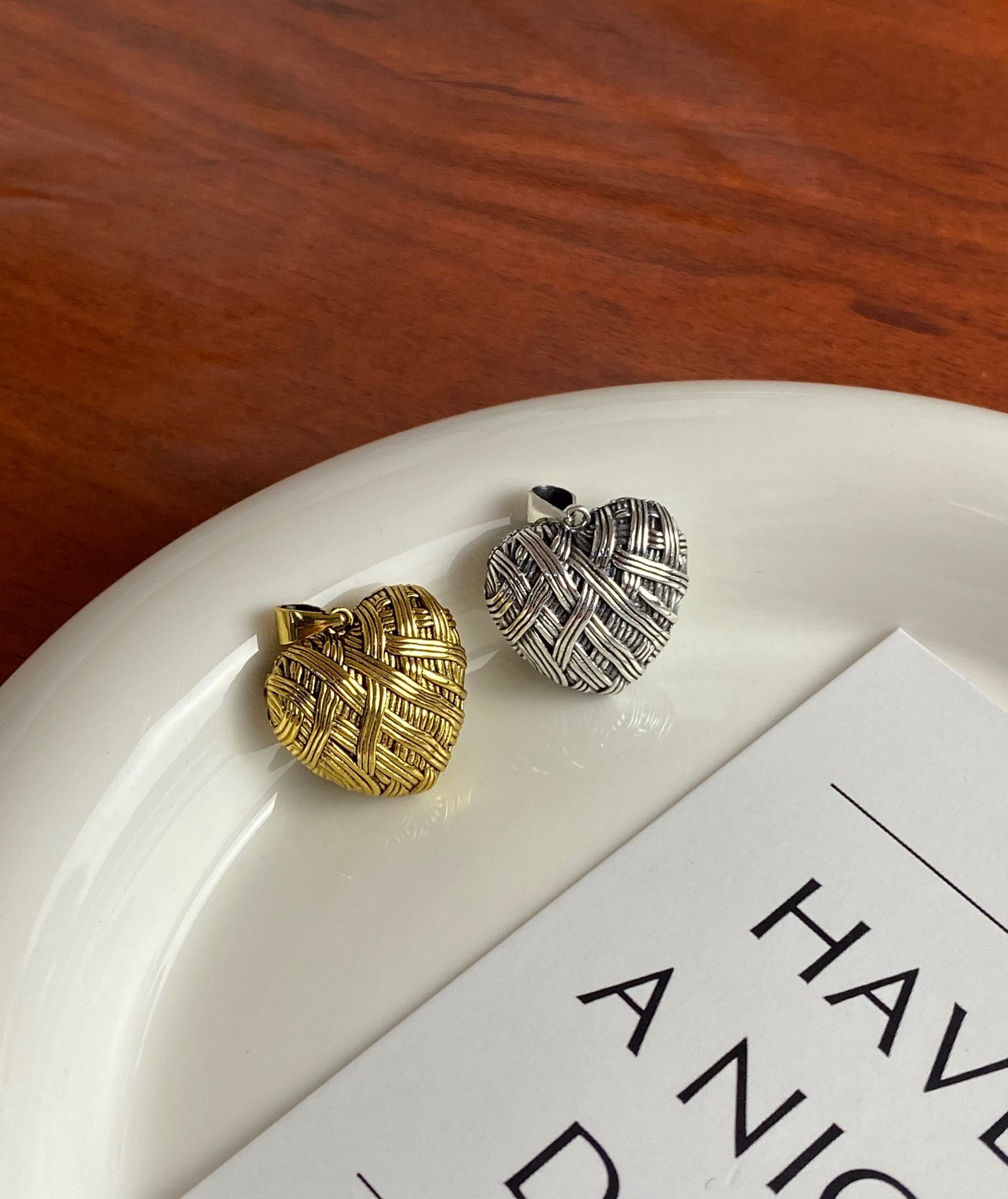 吊坠925银 双色可选编织心形吊坠(不含链) Y1502 重工时尚高级