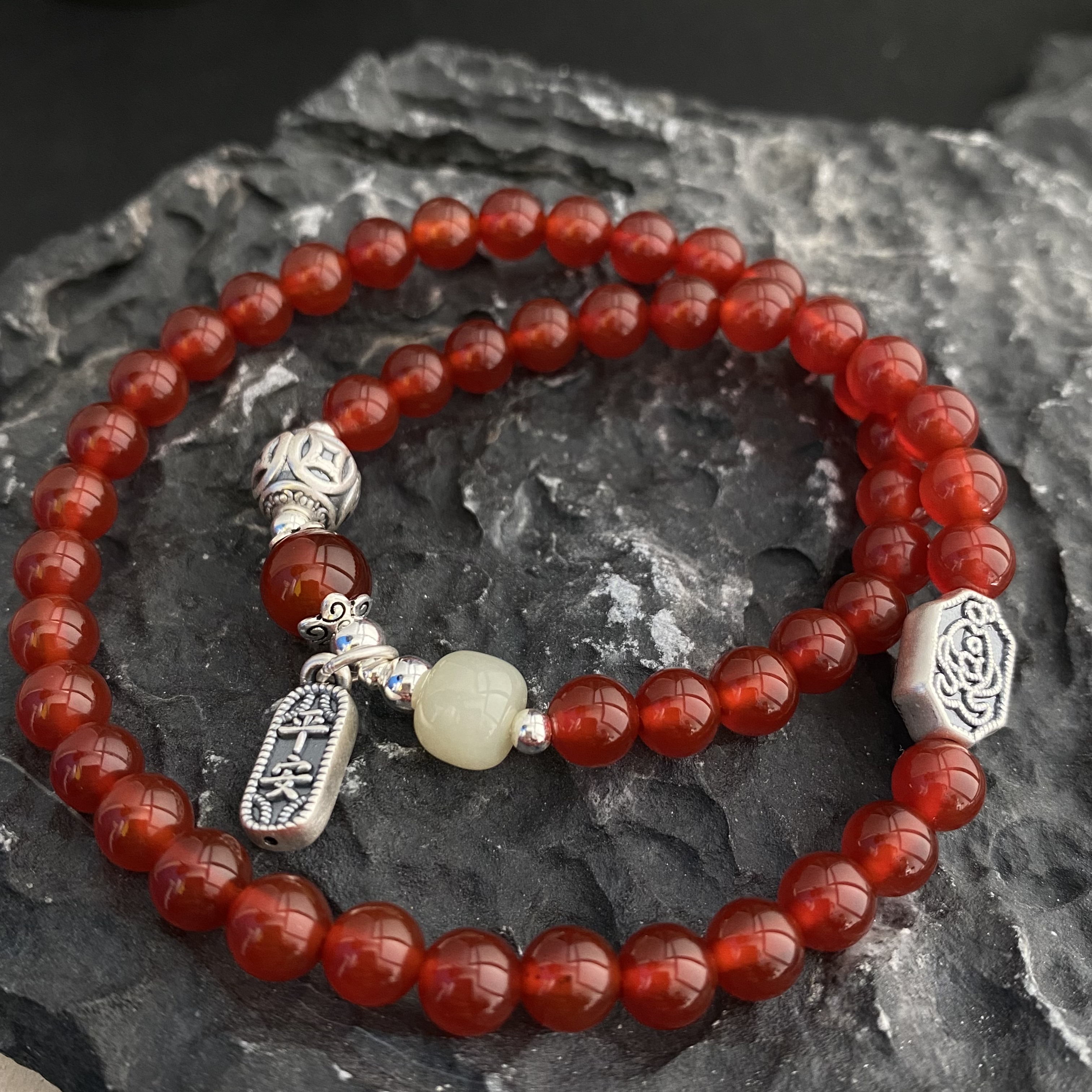 925银手链 平安喜乐脑红圆珠双圈手链 Y36021 新中式时尚