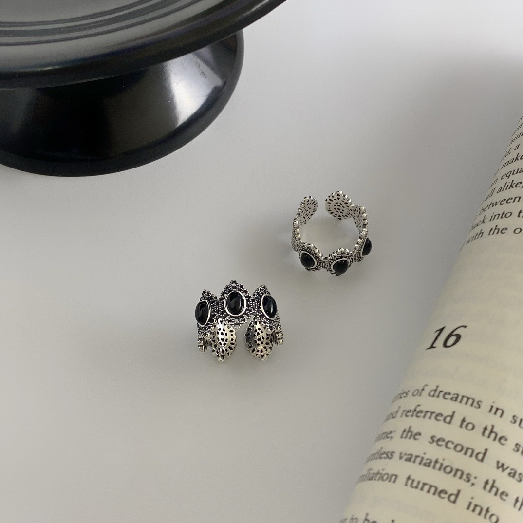 925银戒指 菱形线条三生脑黑开口戒指  Y2595 轻奢手工时尚