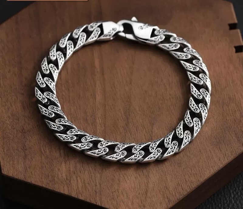 925银手链 重工唐草纹古巴链男女手链 F01741 时尚复古个性