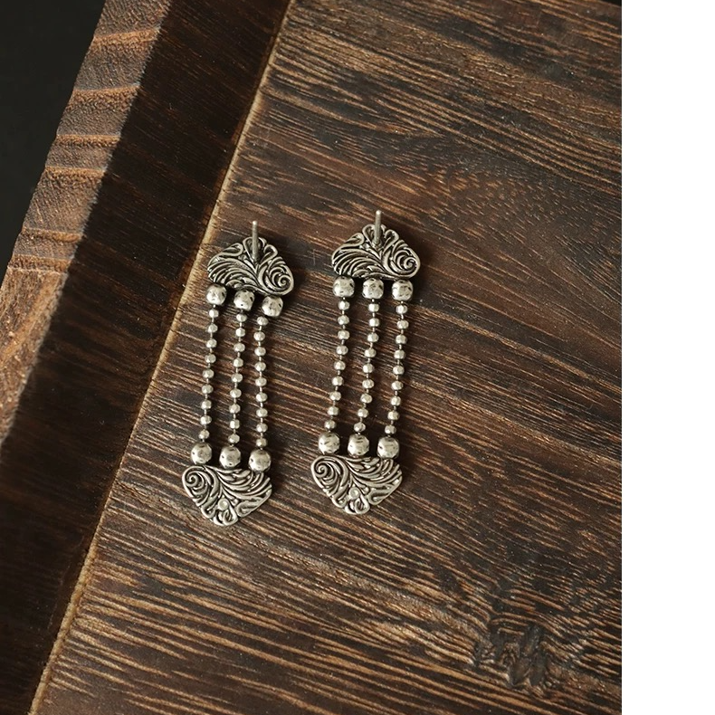 925银耳饰 唐草乌托邦切面银珠耳钉 G5779 古风古典素款
