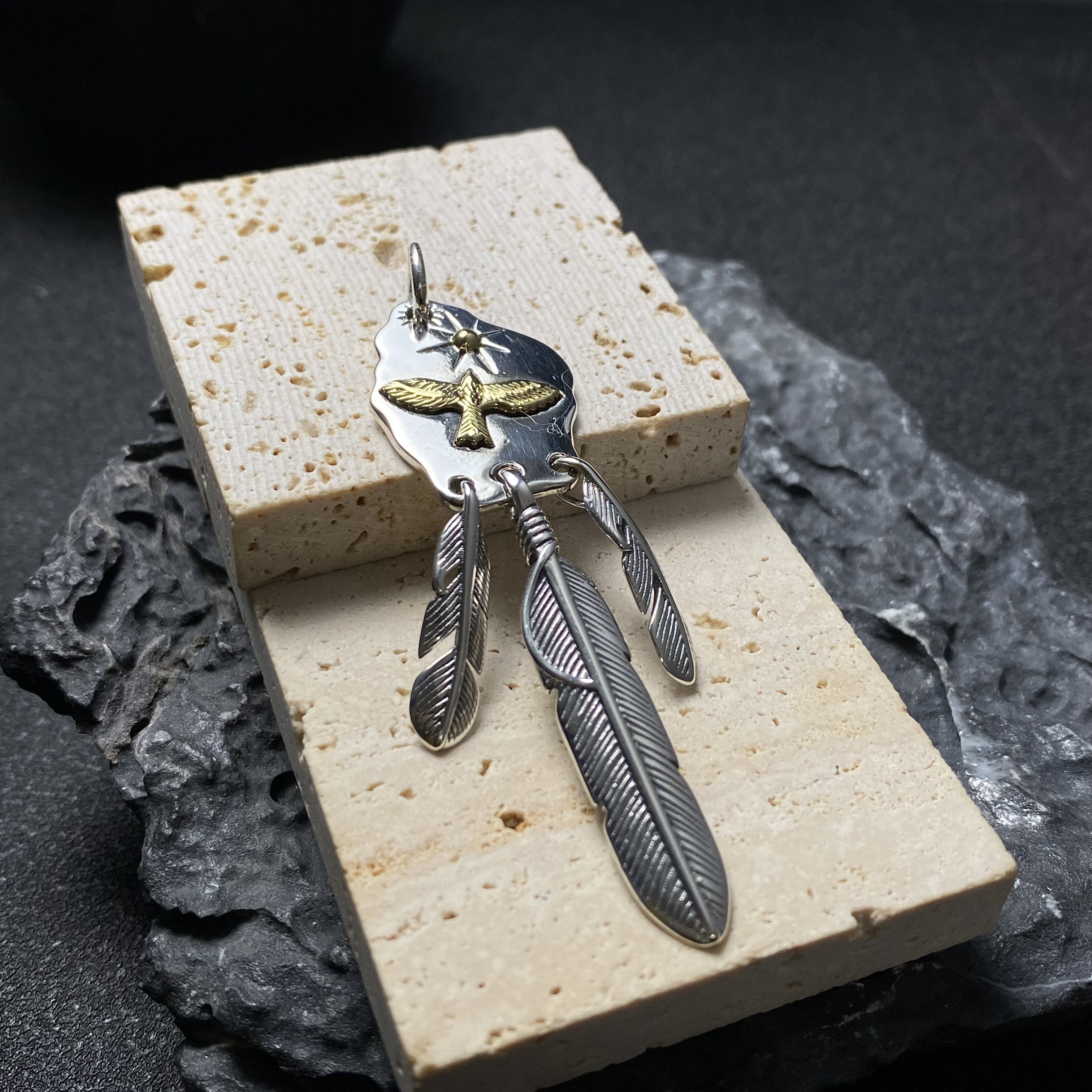 吊坠925银 撞色鹰牌流苏羽毛吊坠(不含链)潮酷重工时尚 C21023 