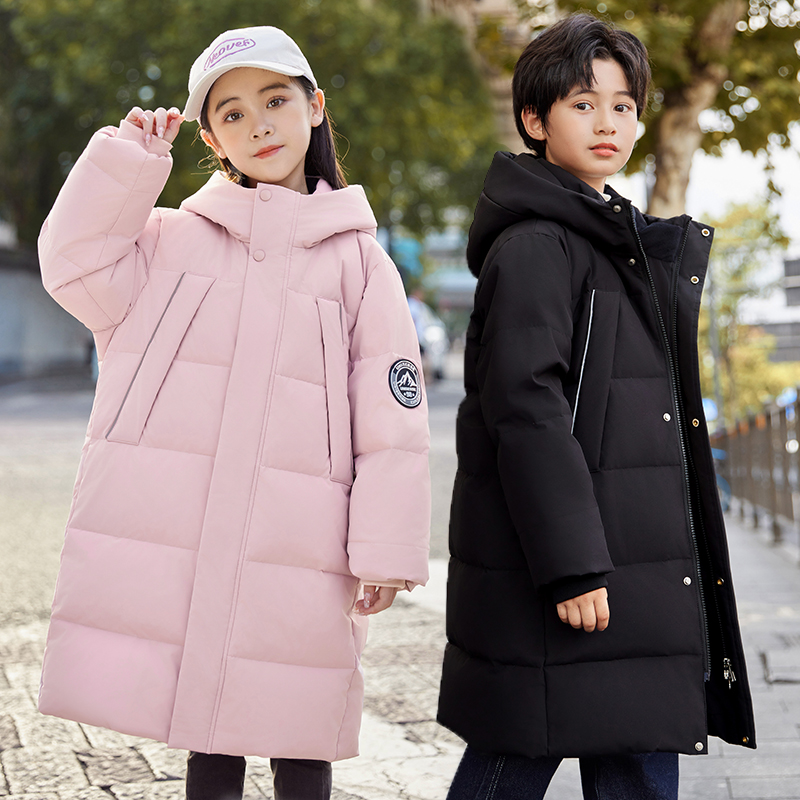 女童羽绒服2025新款中大童洋气中长款过膝男童加厚羽绒冬装外套