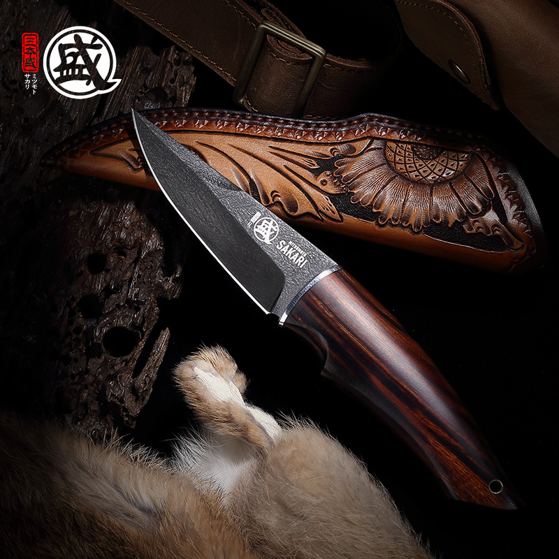 三本盛日本进口钨兹钢小刀露营户外水果家用小刀野营锋利花纹小刀