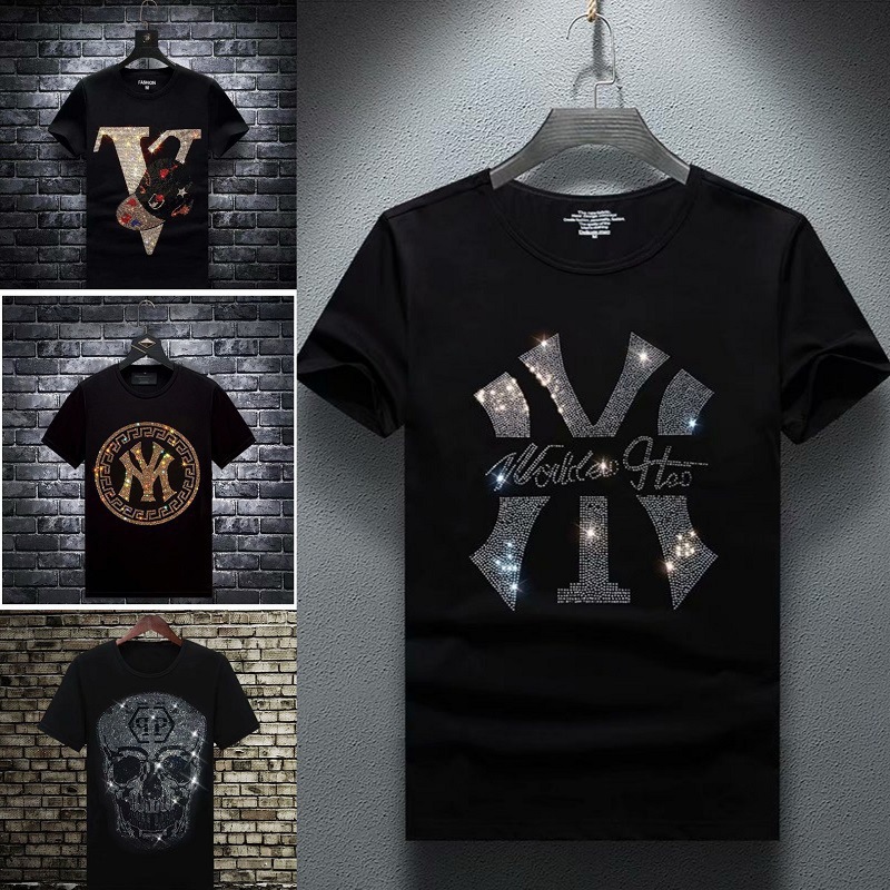 个性烫钻夏装短袖t恤男青年男装衣服潮流休闲百搭圆领韩版上衣