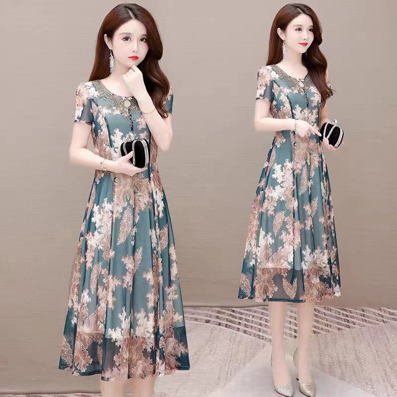 TG333显瘦连衣裙2023新款女夏装爆款中年妈妈减龄短袖中长裙子