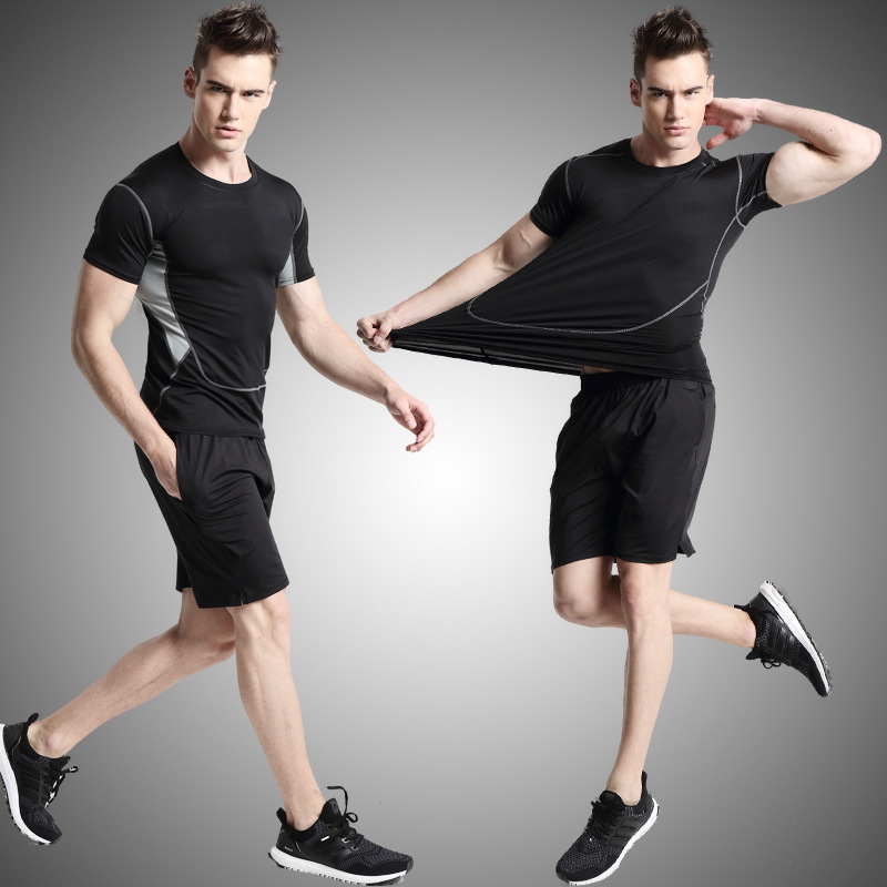 运动两件套男士新款健身服排汗速干跑步篮球训练压缩衣黑灰款