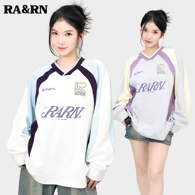 RARN热爱如你拼接撞色V领长袖T恤RA24AW039 