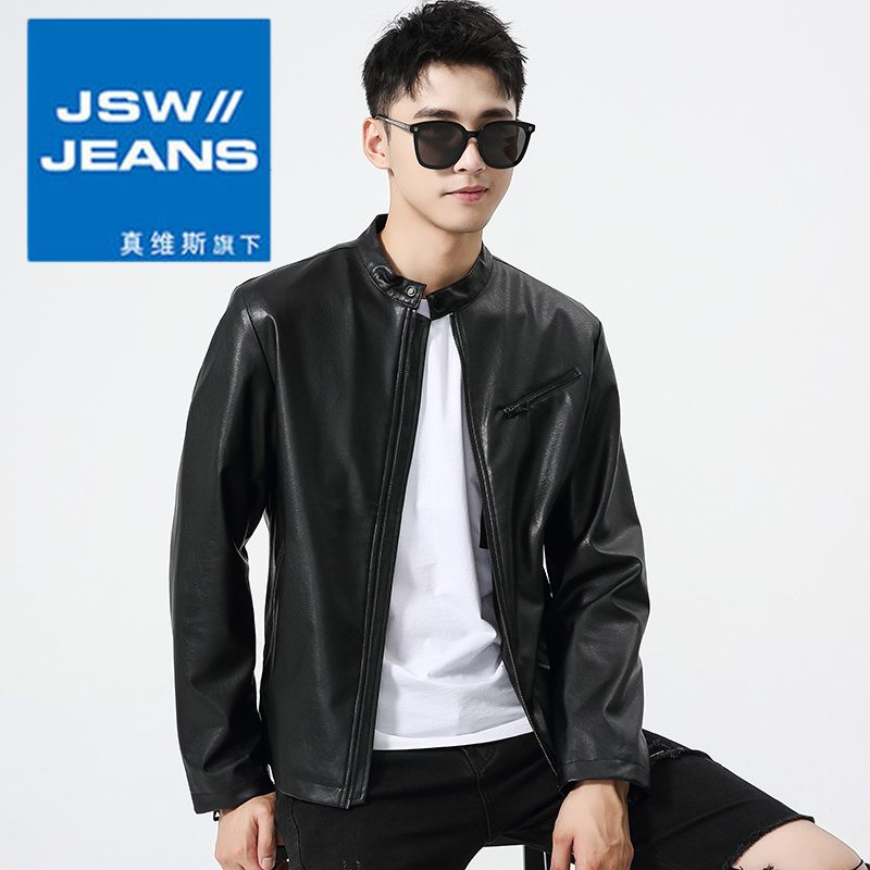 真维斯旗下JSW2023新款皮衣男士时尚休闲立领修身皮夹克外套