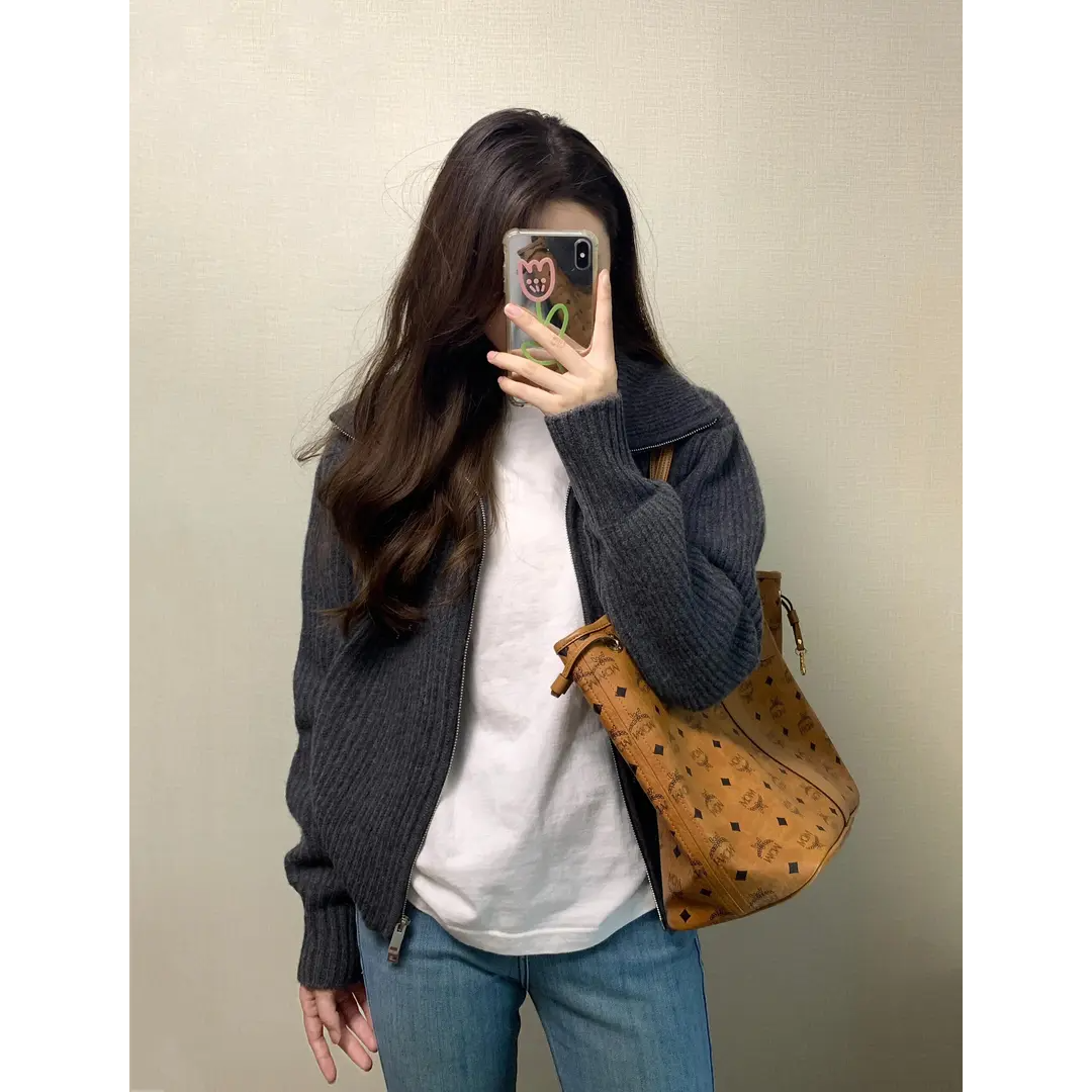 秋冬新款慵懒风翻领双拉链高领针织开衫毛衣搭配牛仔裤显瘦两件套