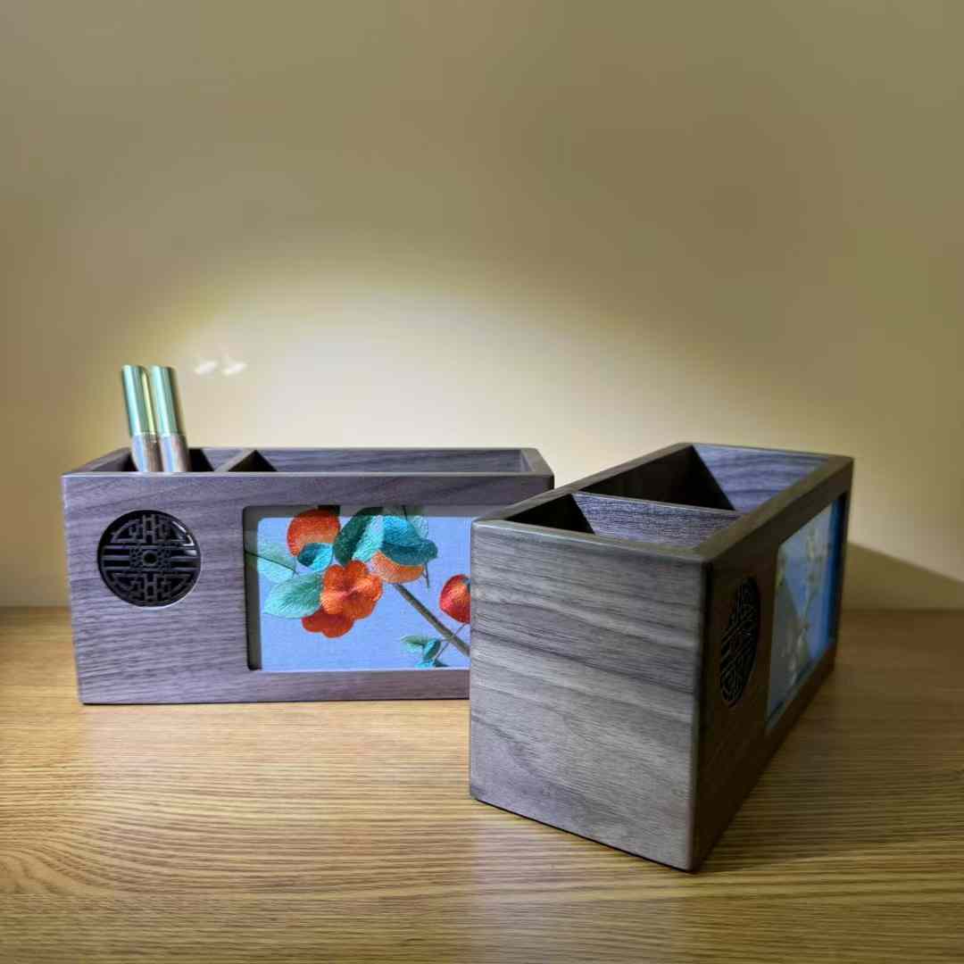 苏绣摆件胡桃色笔筒手工刺绣双面绣创意中国风企业礼物礼品礼盒