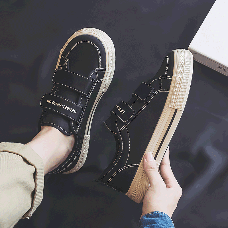 帆布鞋男魔术贴百搭一脚蹬懒人球鞋秋季新款潮学生帆布鞋低帮