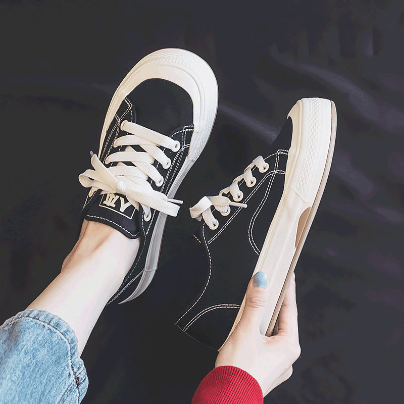 人本帆布鞋女生透气百搭球鞋2024夏季新款韩版潮流学生黑色板鞋子