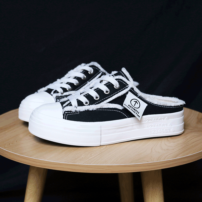 人本帆布鞋女生一脚蹬懒人无后跟球鞋2024夏季新款韩版学生板鞋子