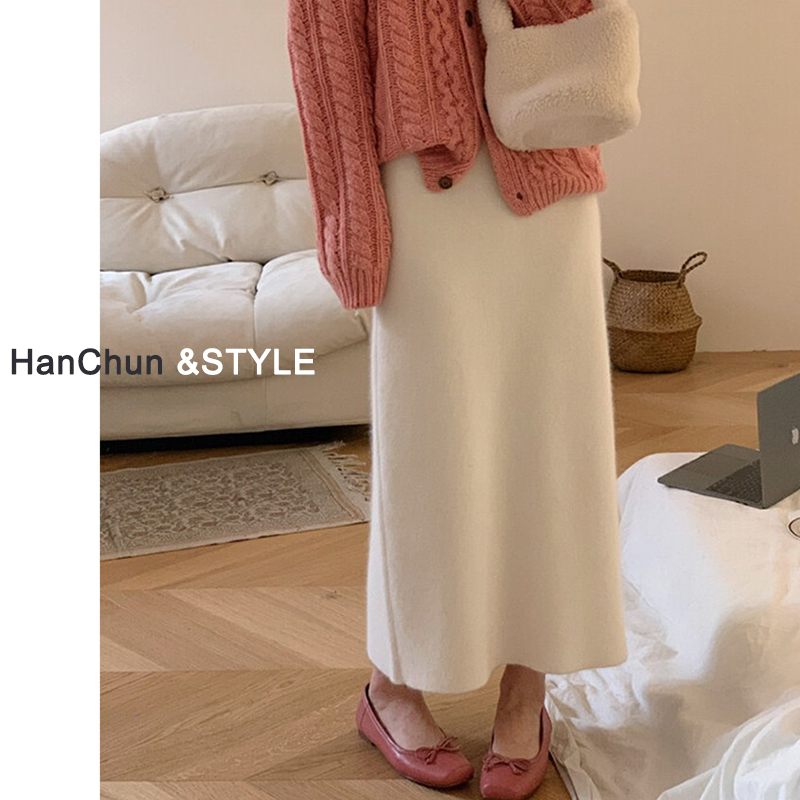 羊毛线针织半身裙女秋冬中长款显瘦冬裙气质小个子包臀A字长裙子