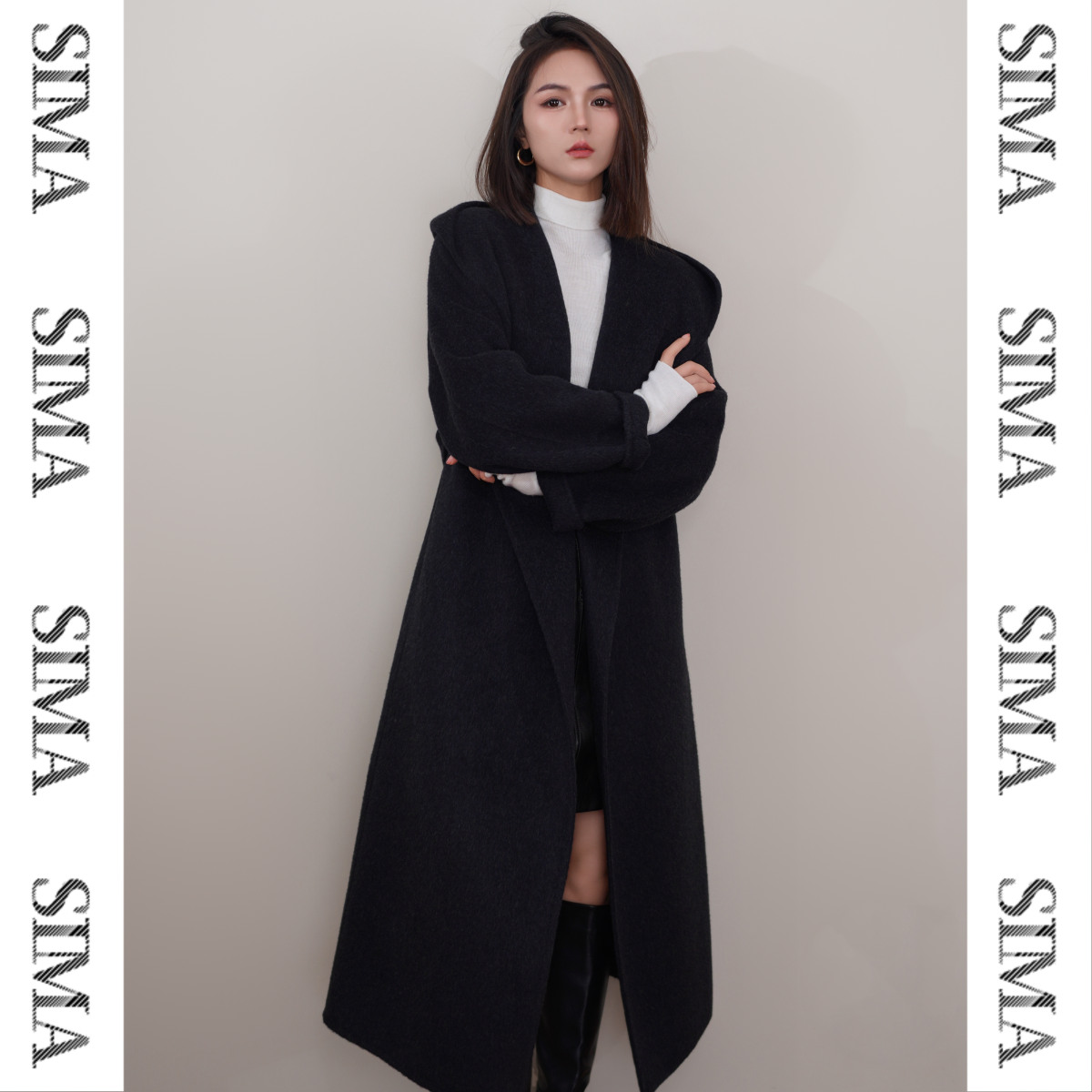 SIMA思玛双面尼大衣绵羊毛双面呢外套中长款宽松连帽WD59080