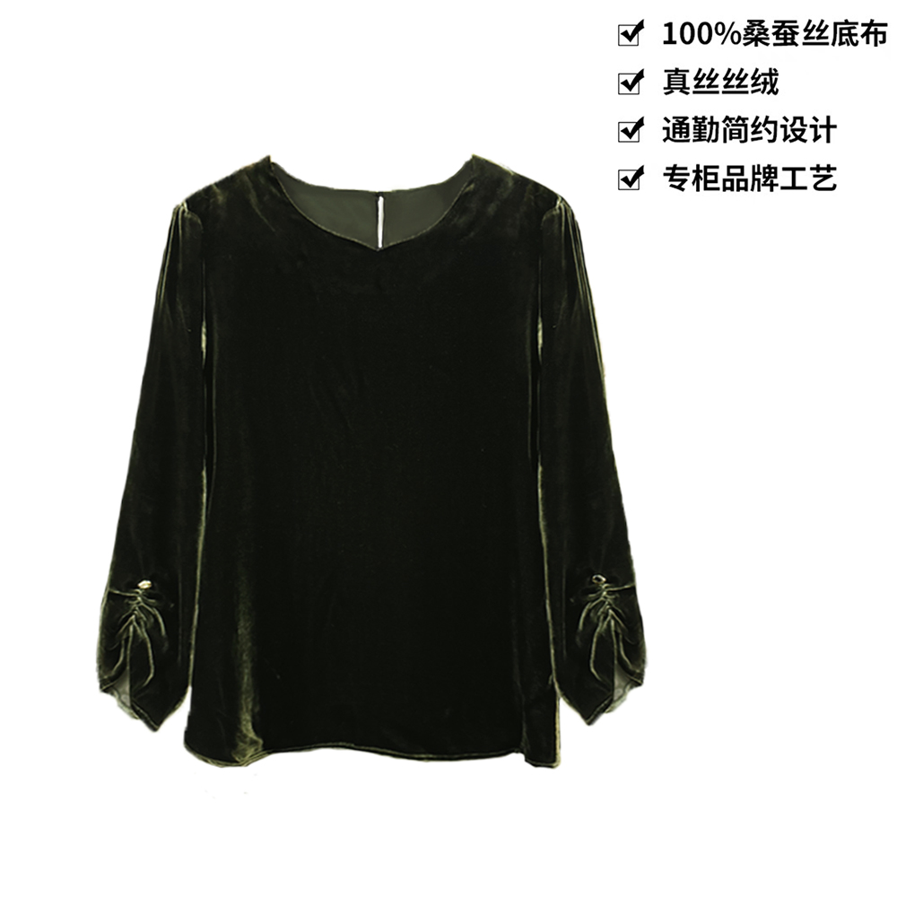 100桑蚕丝丝绒气质墨绿设计款后背系带袖口真丝丝绒长袖上衣CX335