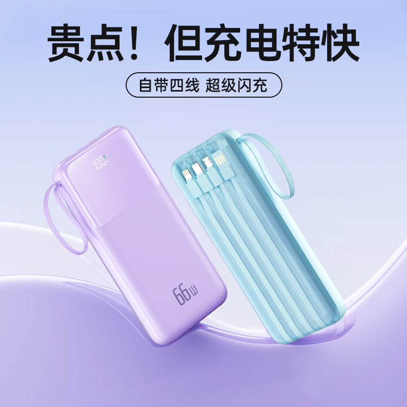 66W超级快充电宝20000毫安自带线大容量移动电源适用苹果华为小米
