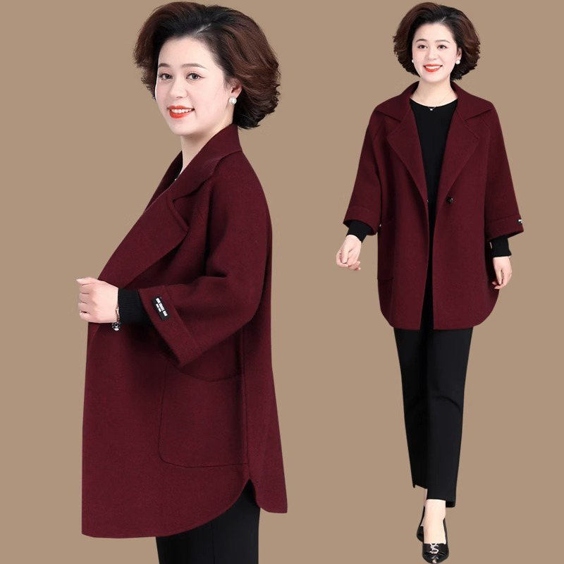 罗蒙妈妈秋冬呢子外套女2025风衣气质高贵中老年针织双面呢大衣服