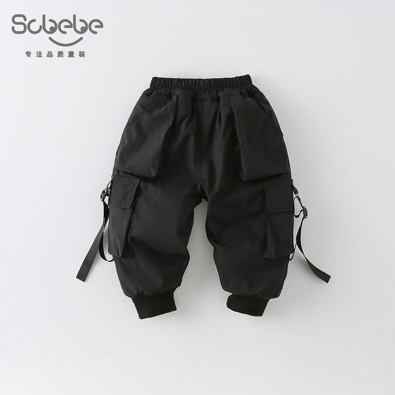 SCBEBE儿童时尚洋气2024新款冬季韩版百搭工装口袋绑带棉裤AK956