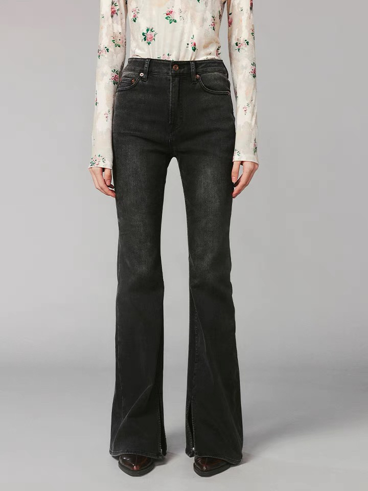 亲妈正尾～拆标2024冬季新款复古水洗黑色微喇牛仔裤