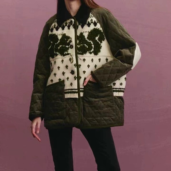 亲妈正尾for2024秋冬新款绿色灯芯绒费尔岛棉服外套