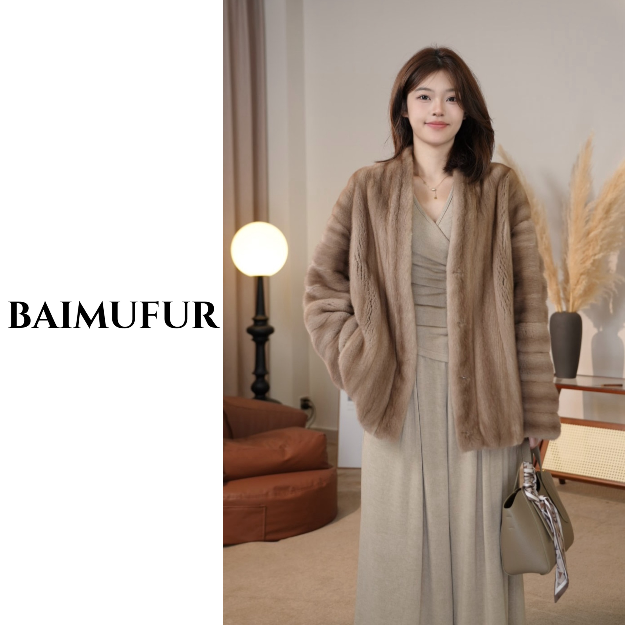 【BAIMUFUR】「巴萨罗娜」丹麦进口水貂V领全川刀工艺整貂水貂皮草