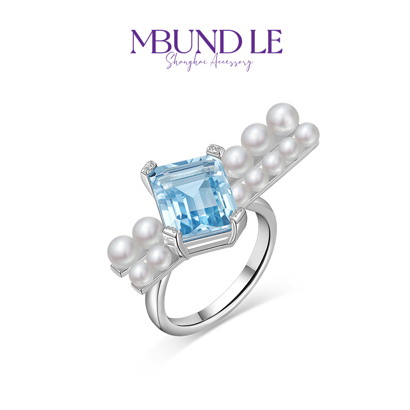 摩邦珠宝 铜合金合成锆石戒指 海上明月-蓝色仿珍珠戒指