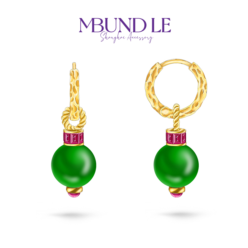 摩邦珠宝芳春天晓-绿玉髓配红珠耳环