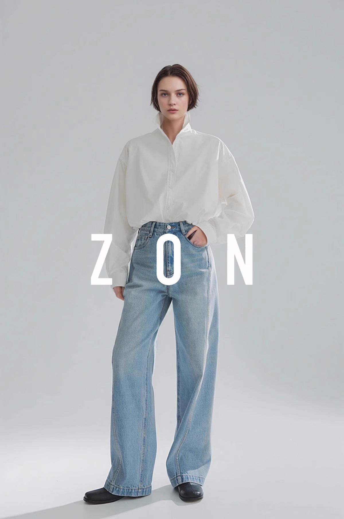 ZON-斜切解构设计牛仔裤女小众不规则㯧模直筒裤子阔腿裤PI24K179