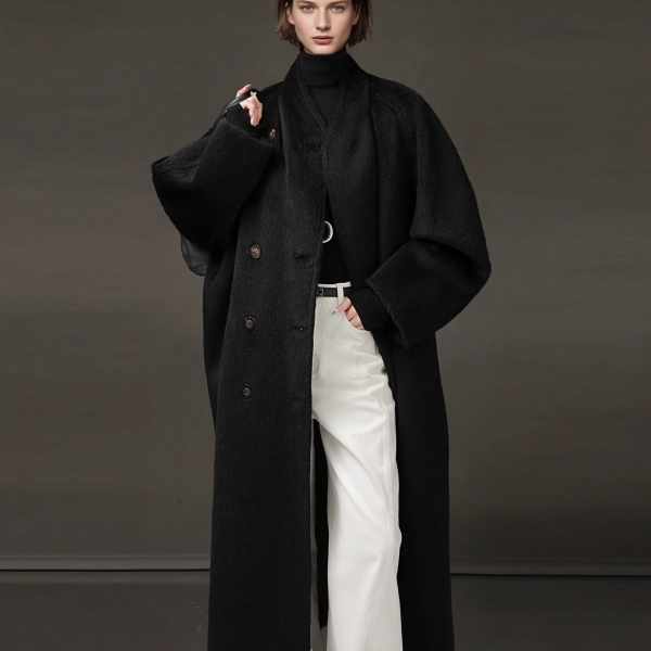 简创-年渡大衣苏力系列中古波浪领双面毛呢外套秋冬季PI24A0413