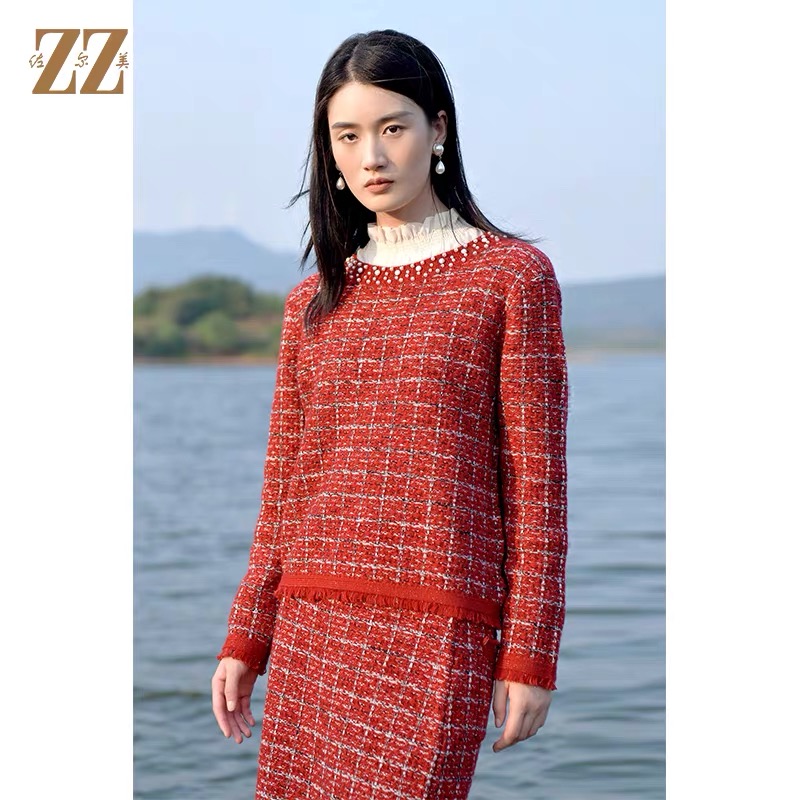 佐尔美新款冬秋冬百搭显瘦长款针织上衣长袖女E14MS22红色针织衫