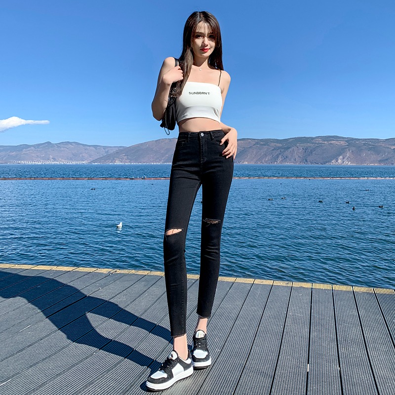 破洞黑色小脚牛仔裤女秋季2025新款高腰修身弹力显瘦小个子九分裤