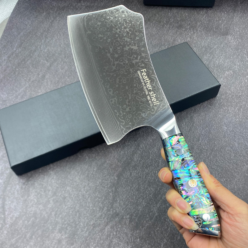外贸库存日式大马士革钢砍骨厨师专用斩切两用刀多功能刀鲍贝柄