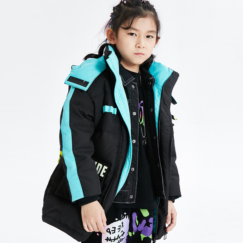 JOJO童装保暖中长款冬季户外休闲户外运动连帽长款羽绒服12434470